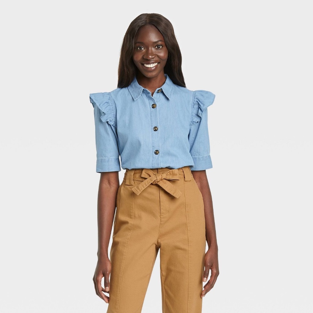 Women's Ruffle Elbow Sleeve Button-Down Shirt